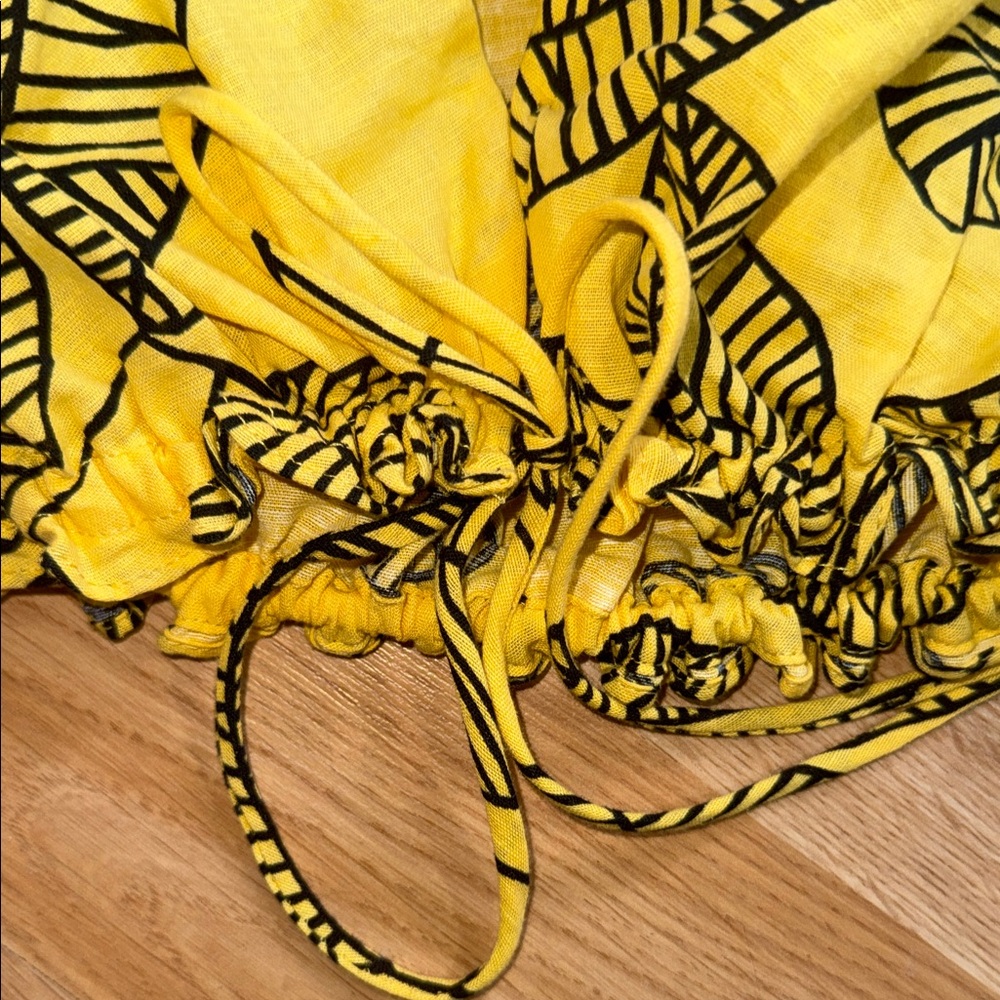 Zara Yellow Leaf-Print Drawstring Crop Top V-Neck Linen Cotton XS - Picture 4 of 7